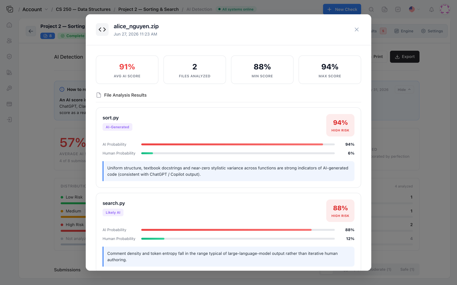 Codequiry per-file AI analysis showing AI versus human probability for each file with written indicators