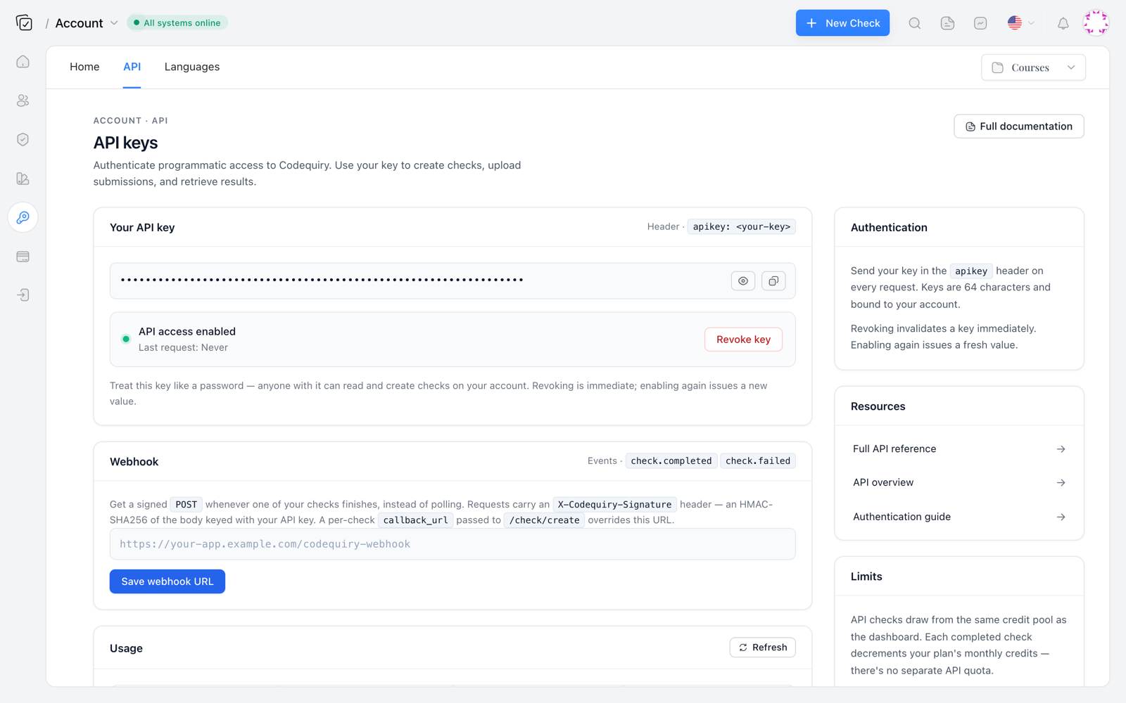 Codequiry API keys page with a masked key, signed webhook configuration and API resources