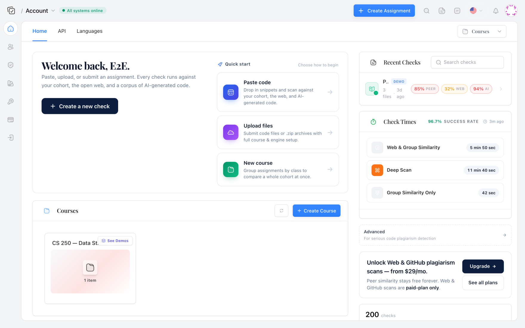 Codequiry dashboard home with recent checks showing peer, web and AI similarity scores