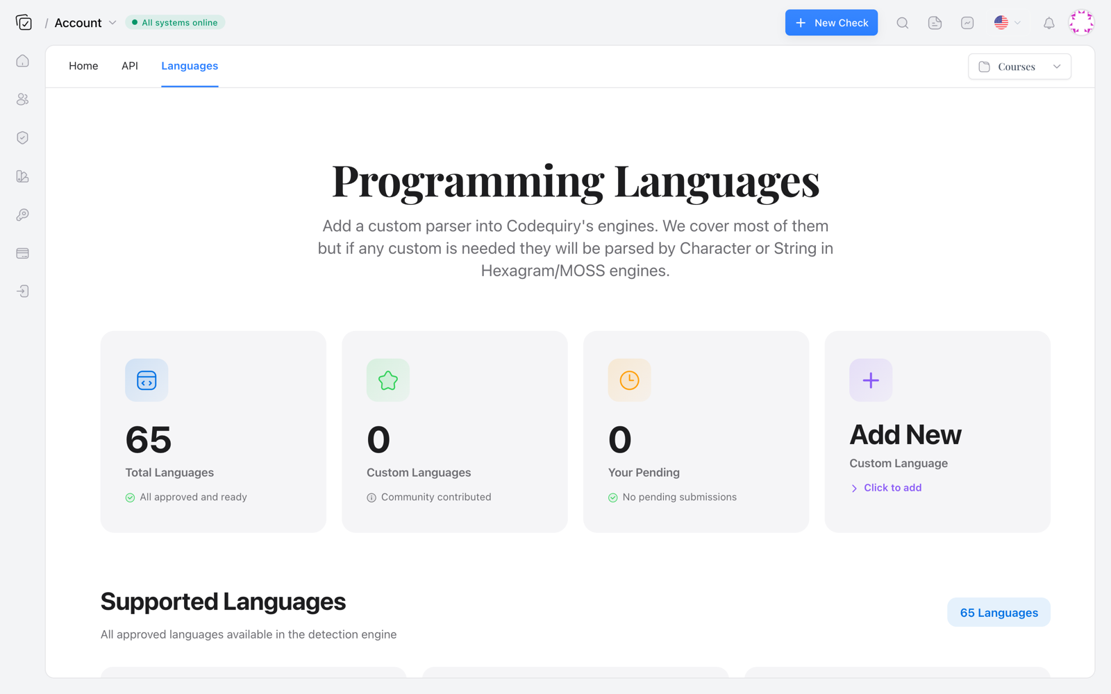 Codequiry supported programming languages page listing 65 approved languages and custom parser submission