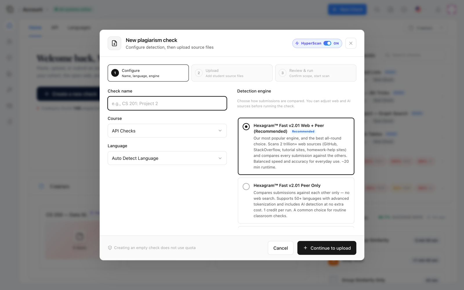 Codequiry new check dialog with name, course, language and detection engine selection