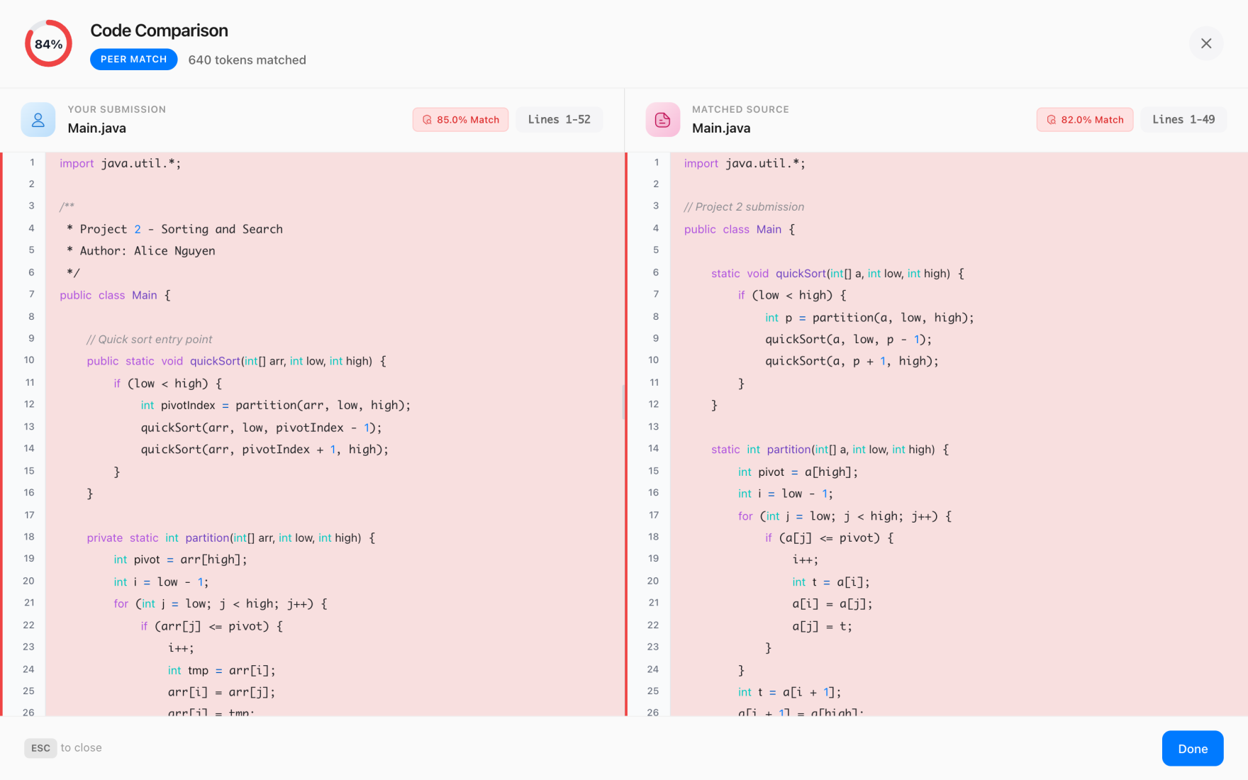 Side-by-side source code comparison in Codequiry showing an 84% match between two submissions