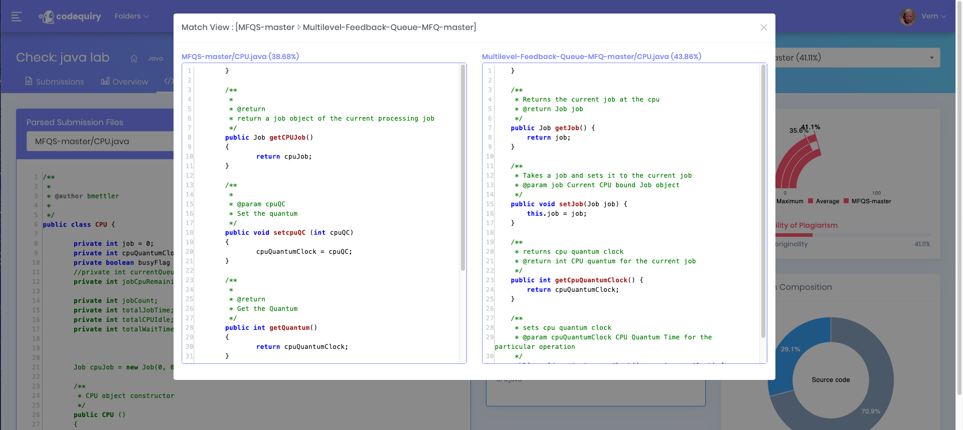 Results view with similarity and sources