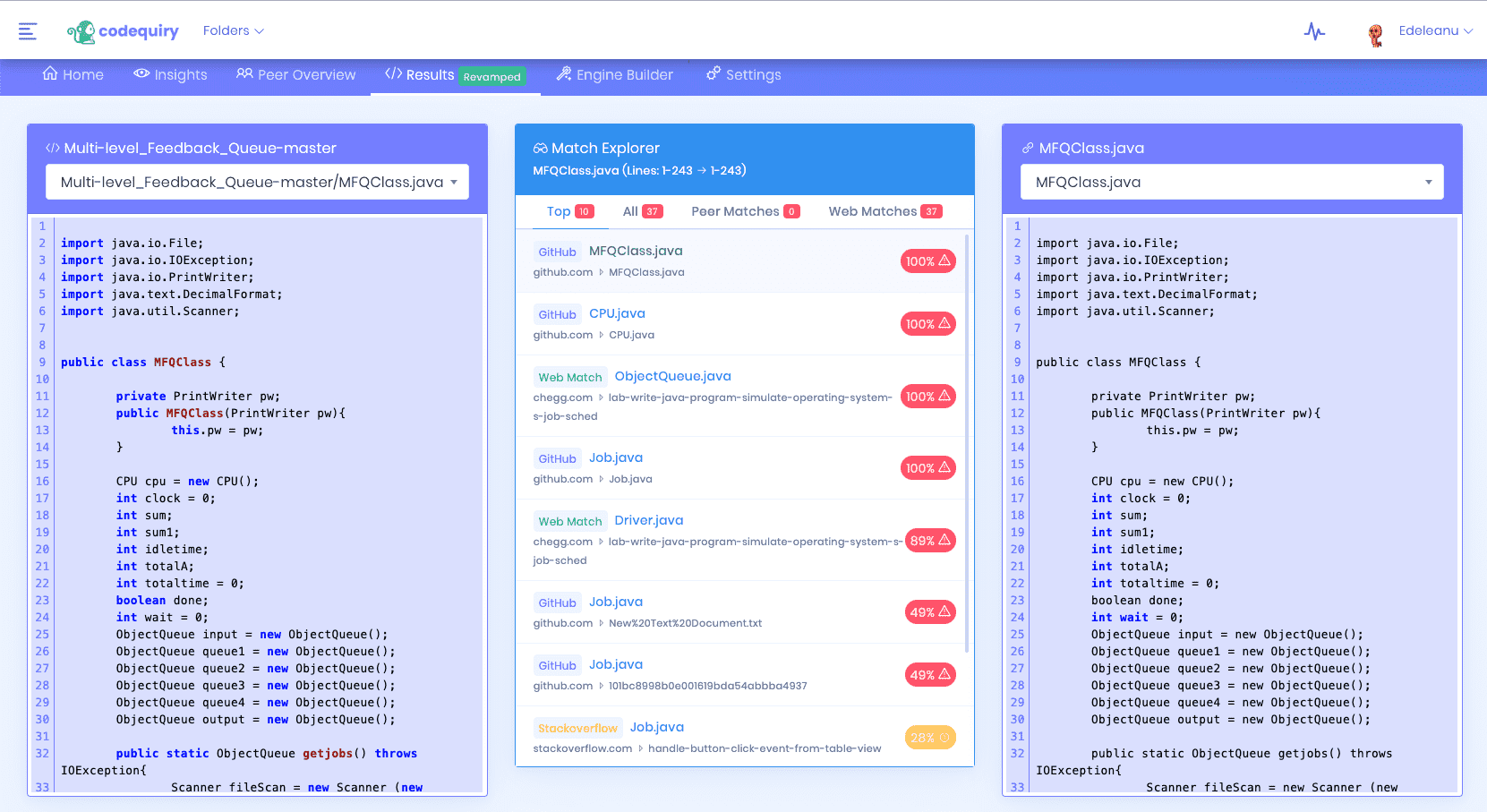 Codequiry code plagiarism check results with matches from billions of web sources