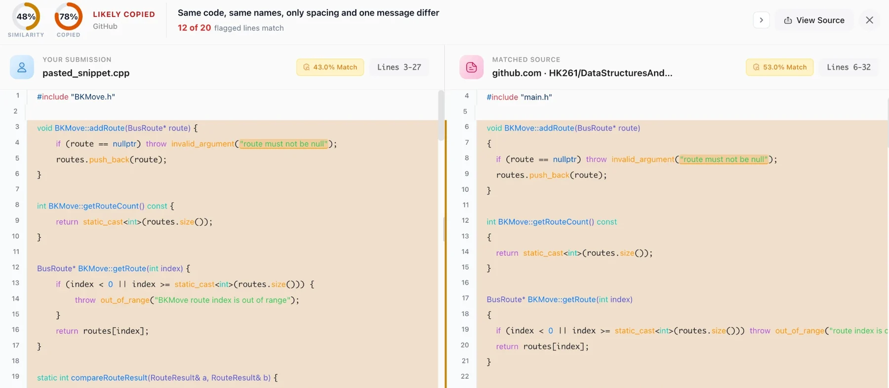 Side-by-side comparison: a pasted C++ snippet against a GitHub repository, 78% copied, same code and names with only spacing and one message changed