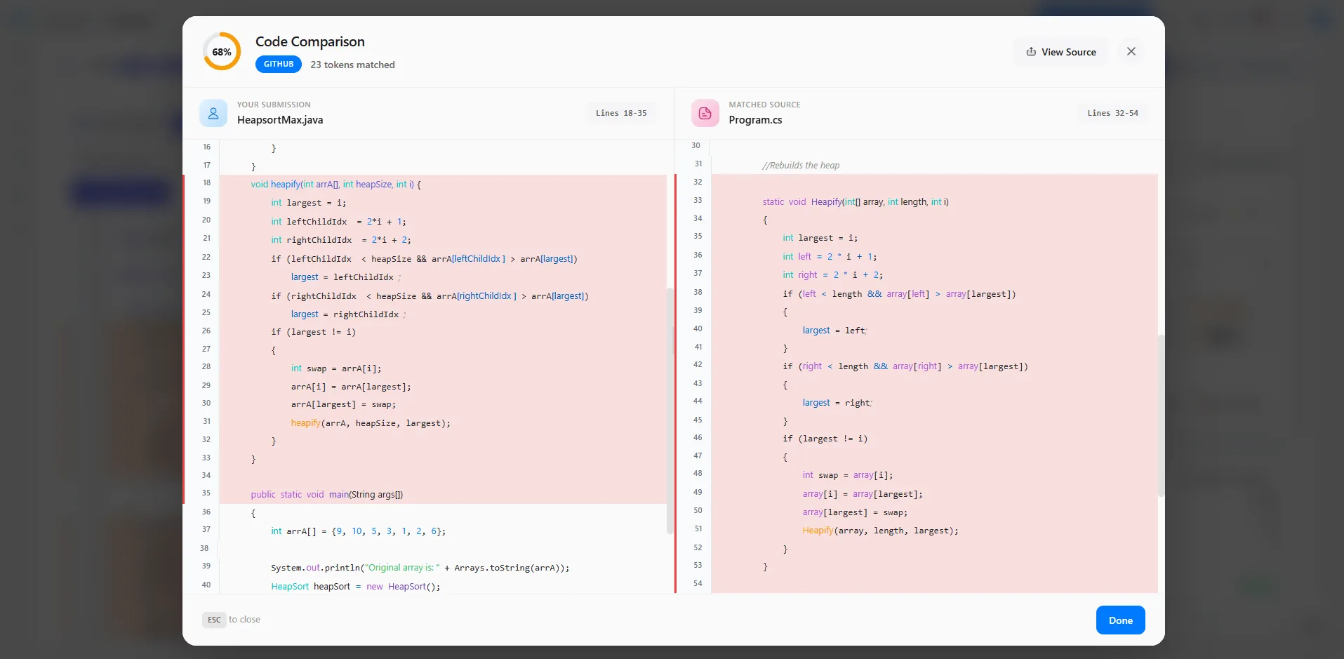 Side-by-side code comparison with highlighted plagiarism matches