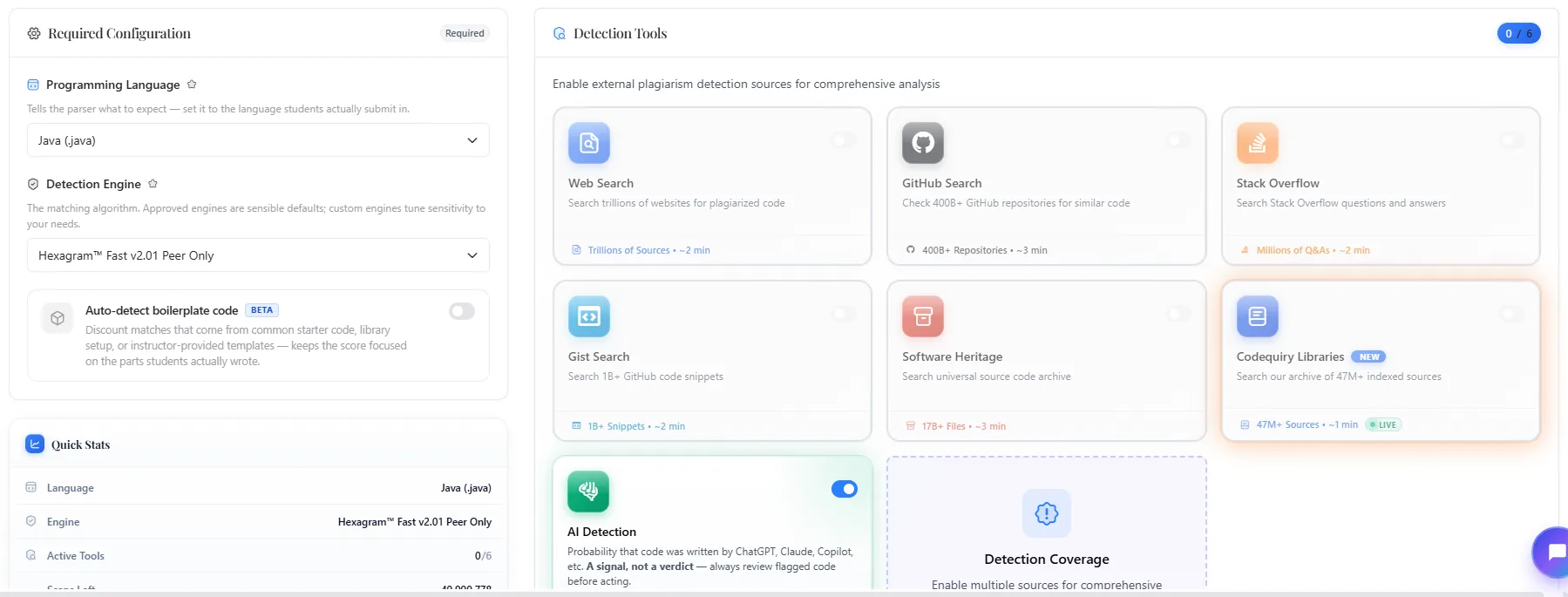 Detection tools configuration with web, GitHub, Stack Overflow, Gist, Software Heritage, and AI detection sources