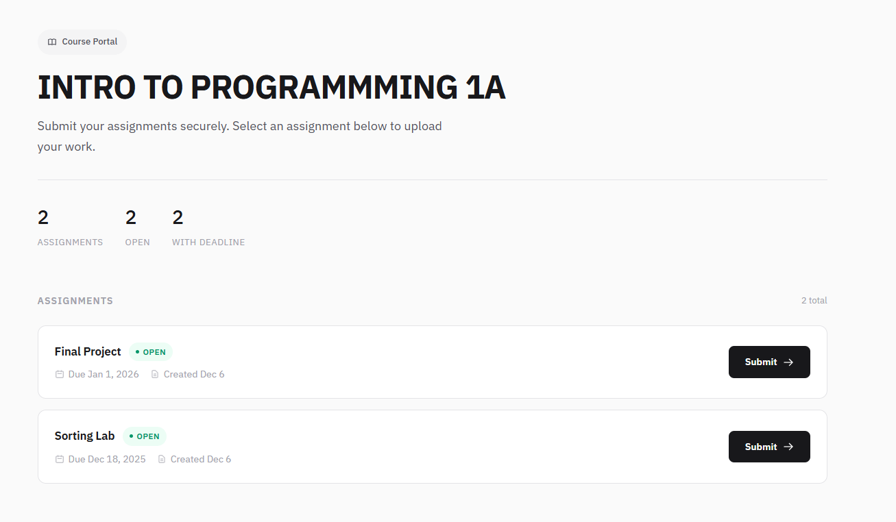 Student Portal showing course assignments